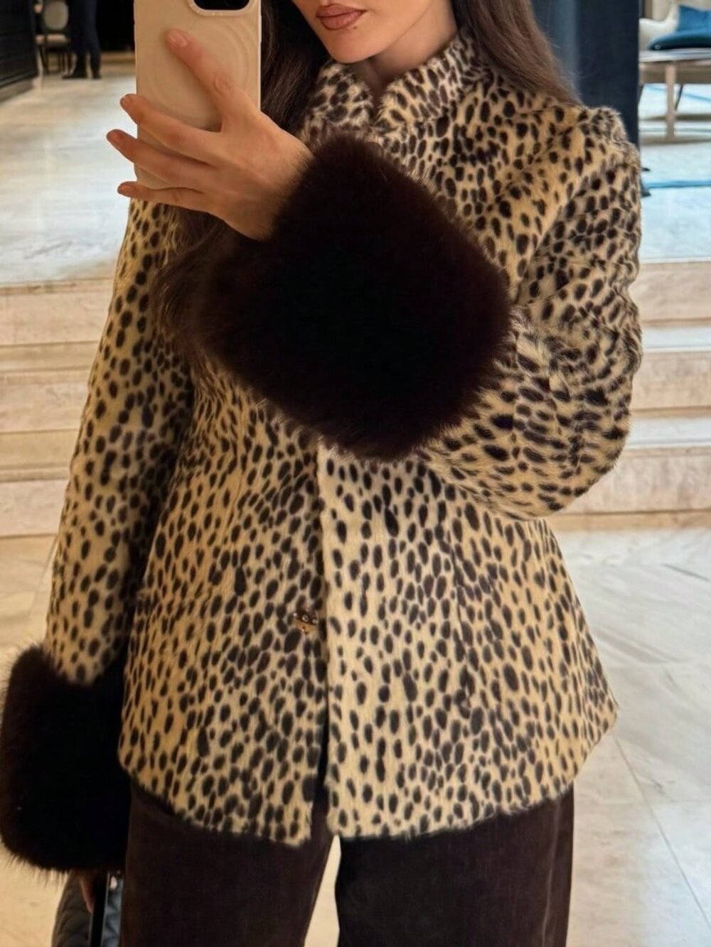 Brown Casual Women's Spotted Faux Fur Stand-Up Collar Jacket